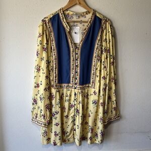 Woman Within Yellow Floral 2X 26/28  Boho Popover Peasant Long Sleeve Tunic New
